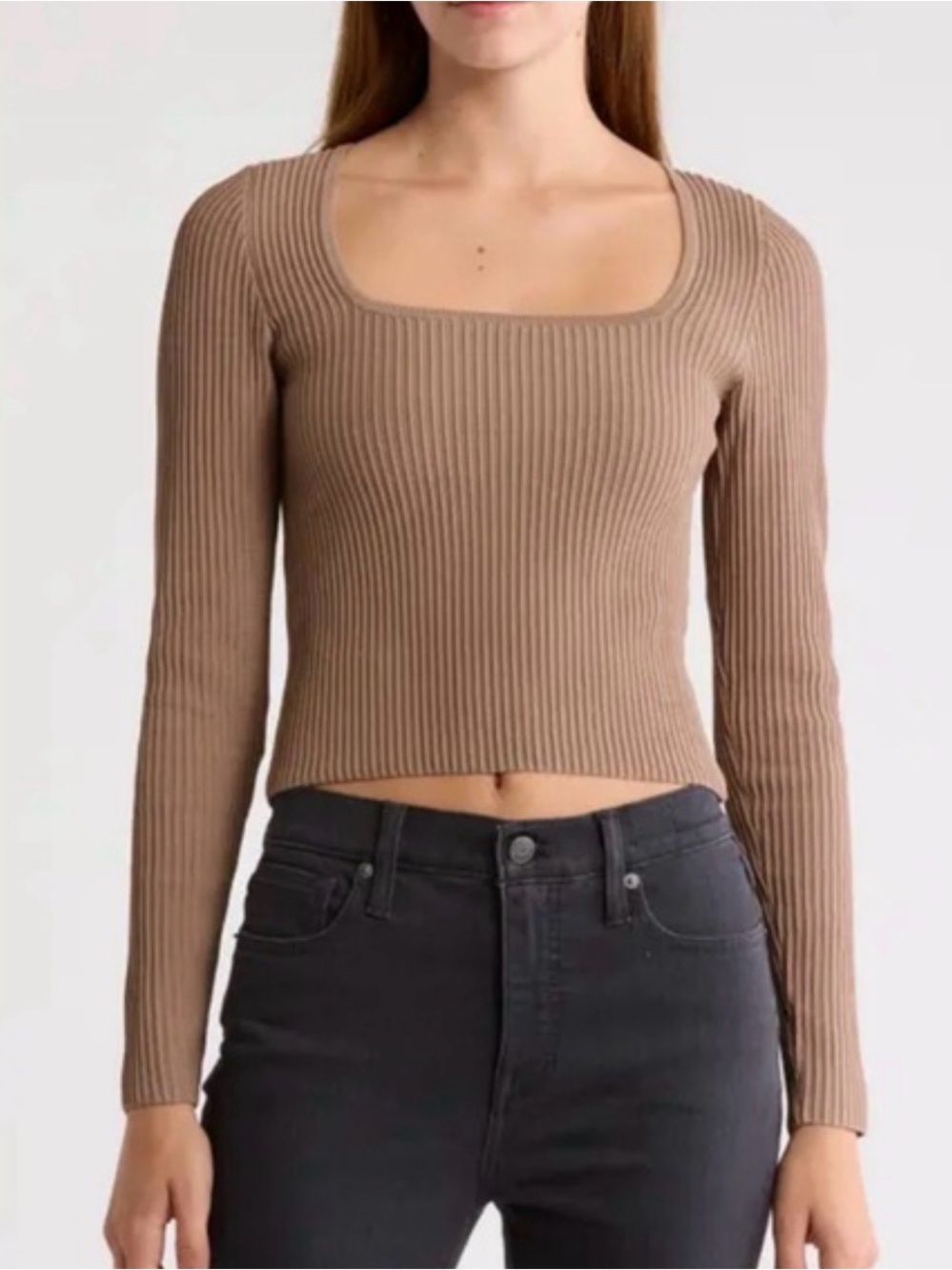 Madewell Ribbed Square-Neck Long Sleeve Top - Brown
